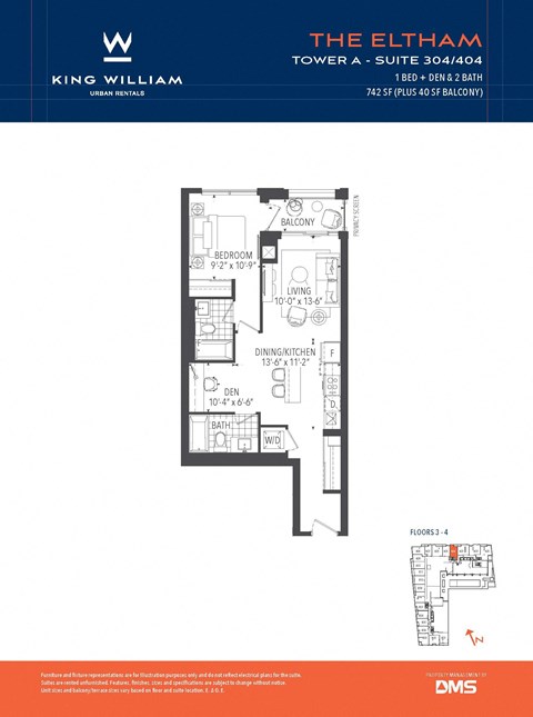 Floor plan for 1 bed, 2 baths, 681 sqft